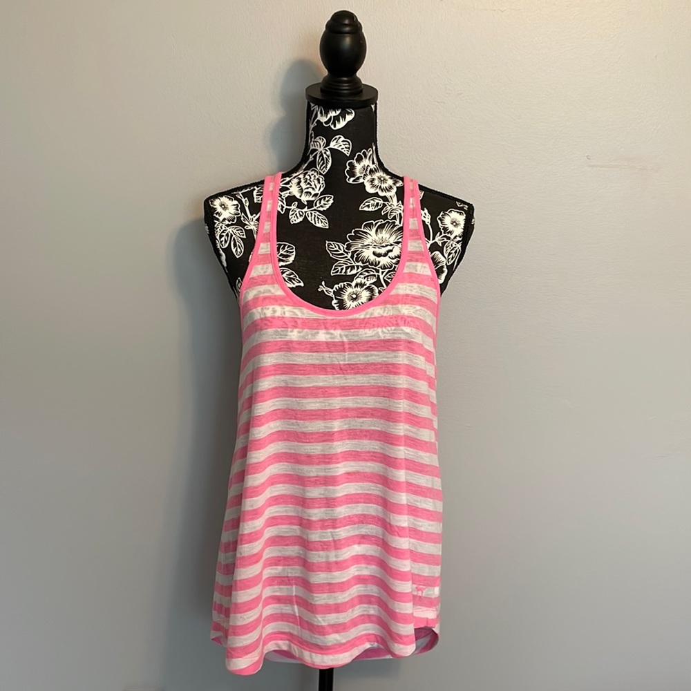 PINK workout Tank. Cut low and runs big. white and pink stripes.